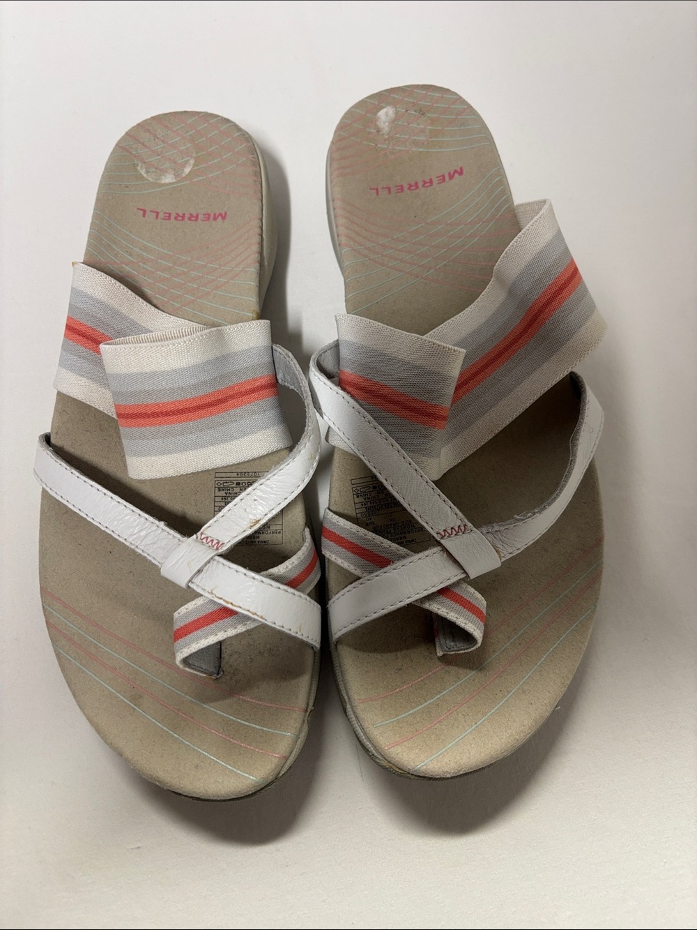 Merrell Women’s White Sandals with Coral and Gray Stripes